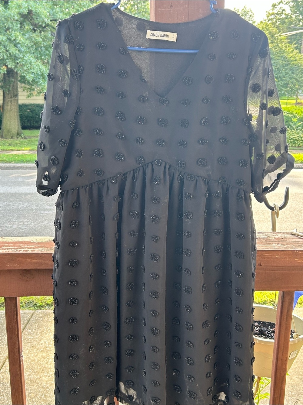 Grace Karin Black V-Neck Embroidered Dot Midi Dress